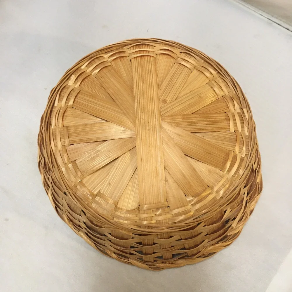 Woven Bamboo Basket Home Decor 7.25in Tan Round Lattice Storage Cottagecore